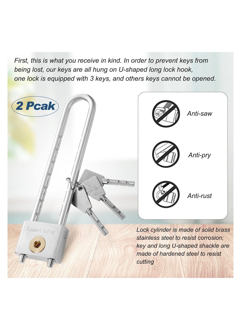 Long Beam Padlock Long Shackle Padlock Long Shackle Padlock with Key 2 Inch Solid Brass Removable Adjustable Length Silver Shackle for Gates Cabinets Safe Boxes Bike Lock (2 Pack)  - Image 4
