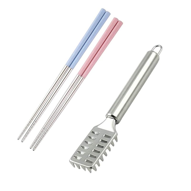 PUTHAK PUTHAK Stainless Steel Chopsticks Set 2 Pairs 1pc Stainless Steel Fish Scale Remover Cleaner Kitchen Fish Scaler  - Image 1