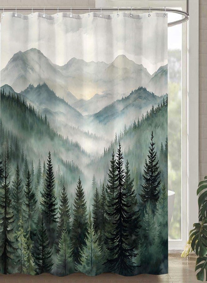 Accnicc Forest Mountain Shower Curtain Dark Green Nature Misty Pine Tree Shower Curtains for Bathroom Foggy Rustic Woodland Decorative Waterproof Fabric Bath Curtain Decor 72×72 Inches - Image 1