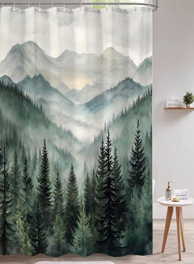 Accnicc Forest Mountain Shower Curtain Dark Green Nature Misty Pine Tree Shower Curtains for Bathroom Foggy Rustic Woodland Decorative Waterproof Fabric Bath Curtain Decor 72×72 Inches - Image 3