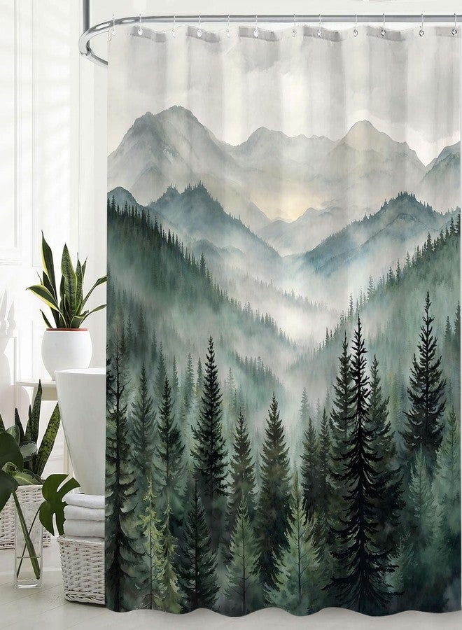 Accnicc Forest Mountain Shower Curtain Dark Green Nature Misty Pine Tree Shower Curtains for Bathroom Foggy Rustic Woodland Decorative Waterproof Fabric Bath Curtain Decor 72×72 Inches - Image 2