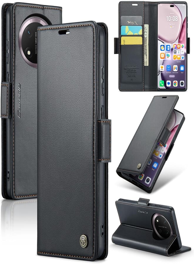 UNBLACK Phone Case Cover Luxury PU Leather Flip Cover 023 Card Slot Holder Cover Compatible with Honor X9c / Honor X60 Pro (Black)
