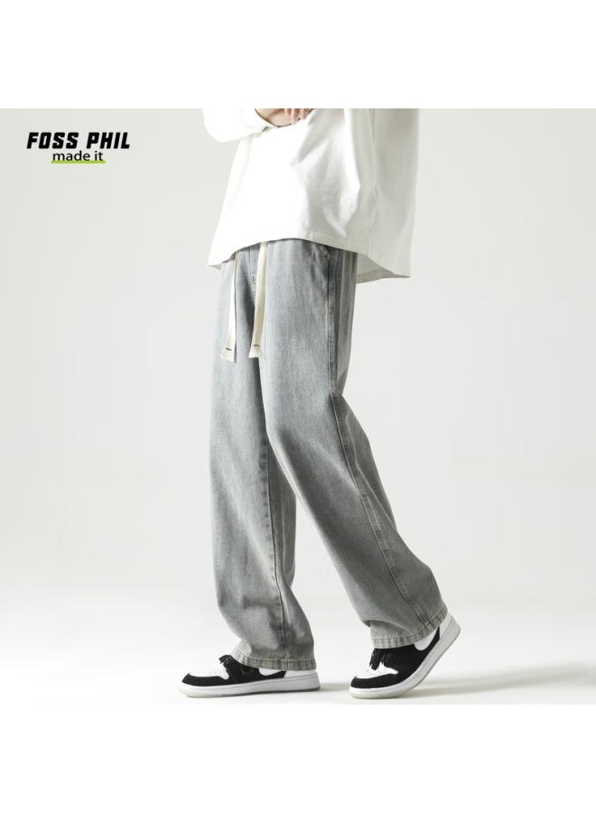 Foss Phil Men's Jeans, Spring And Summer, Loose Fit, Retro American Style, Washed Straight-leg Casual Pants, K110 Light Blue, 3XL - Image 5