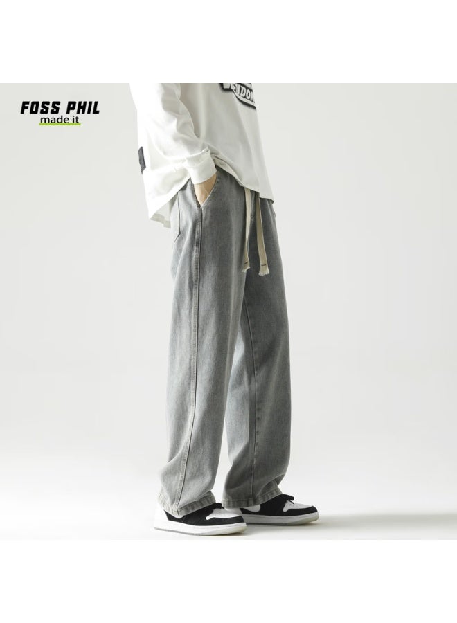 Foss Phil Men's Jeans, Spring And Summer, Loose Fit, Retro American Style, Washed Straight-leg Casual Pants, K110 Light Blue, 3XL - Image 2