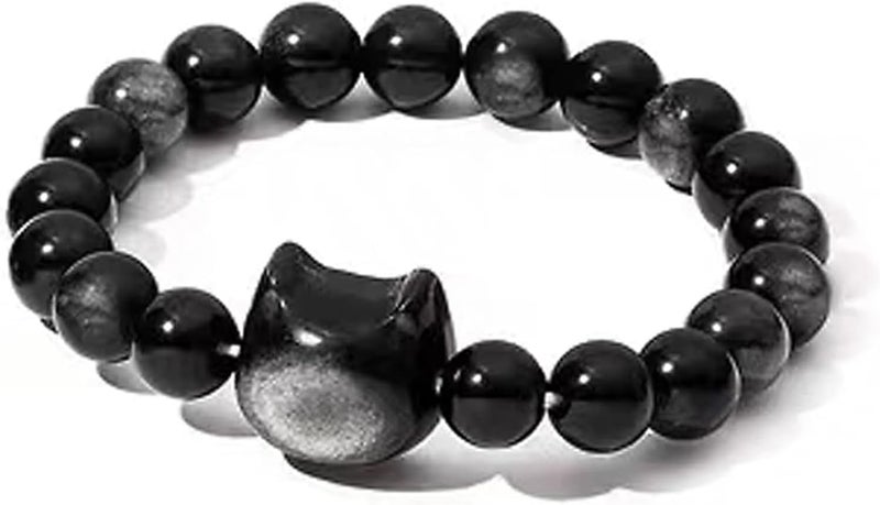 Excefore Natural Black Obsidian Bracelet, Cat Beaded Bracelets for Women Men, Stretch Bracelet 8mm Yoga Beaded Bracelet Suitable for Men and Women - Image 1