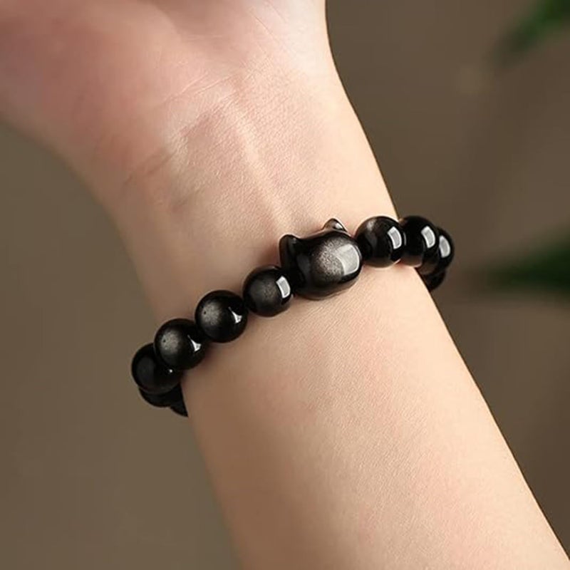 Excefore Natural Black Obsidian Bracelet, Cat Beaded Bracelets for Women Men, Stretch Bracelet 8mm Yoga Beaded Bracelet Suitable for Men and Women - Image 2