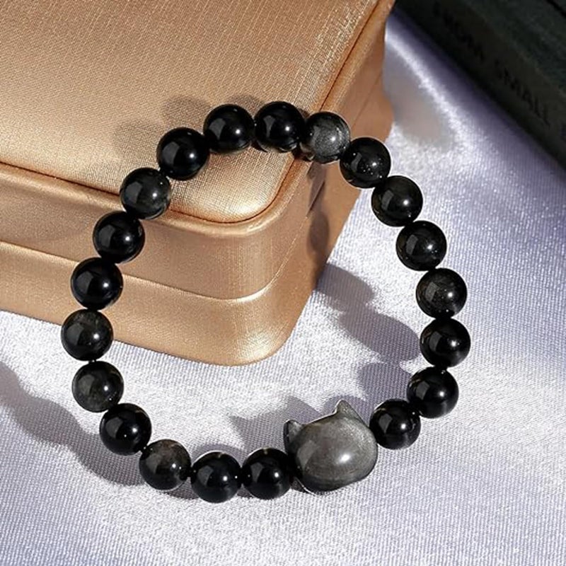 Excefore Natural Black Obsidian Bracelet, Cat Beaded Bracelets for Women Men, Stretch Bracelet 8mm Yoga Beaded Bracelet Suitable for Men and Women - Image 3