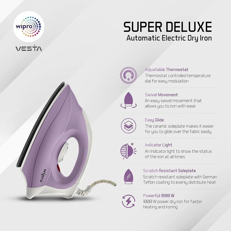 Wipro Gd205 Super Deluxe 1000 Watt Automatic Electric Dry Iron Large SoleplateAnti Bacterial German Weilburger Double Coated Soleplate Quick Heat Up 1000 Watts Aluminium - Image 2