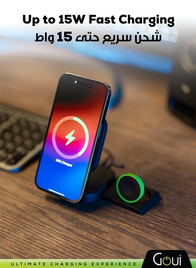 Goui Bend 3-in-1 Foldable Wireless Charger with Up to 15W Fast Charging for iPhone, Wireless Earbuds and Smart Watch, Compatible with All Qi-Enabled Devices, Compact & Travel Friendly Design Multicolour - Image 4