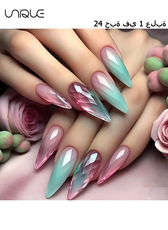 Unique 24Pcs Fake Nails, Press Nails, Long Almond Manicure - Gradient Pink Green Manicure - Cat's Eye Crystal Manicure - Fake Nail Patch - Image 1