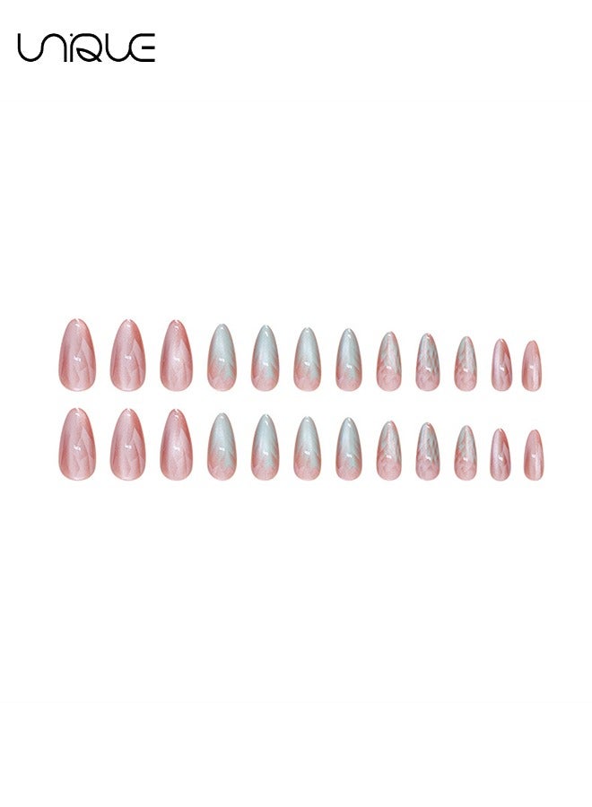 Unique 24Pcs Fake Nails, Press Nails, Long Almond Manicure - Gradient Pink Green Manicure - Cat's Eye Crystal Manicure - Fake Nail Patch - Image 4