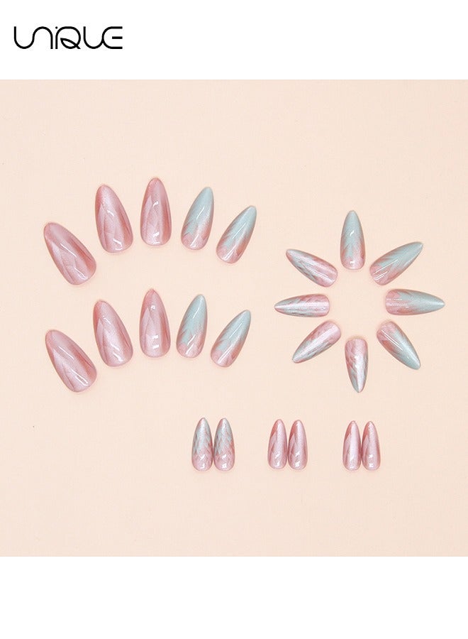 Unique 24Pcs Fake Nails, Press Nails, Long Almond Manicure - Gradient Pink Green Manicure - Cat's Eye Crystal Manicure - Fake Nail Patch - Image 2