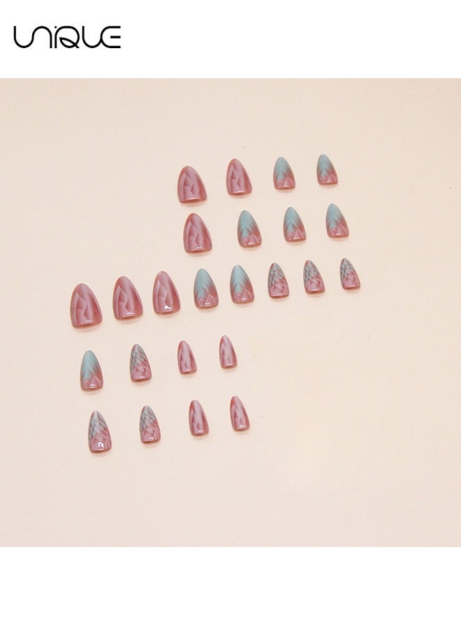 Unique 24Pcs Fake Nails, Press Nails, Long Almond Manicure - Gradient Pink Green Manicure - Cat's Eye Crystal Manicure - Fake Nail Patch - Image 3