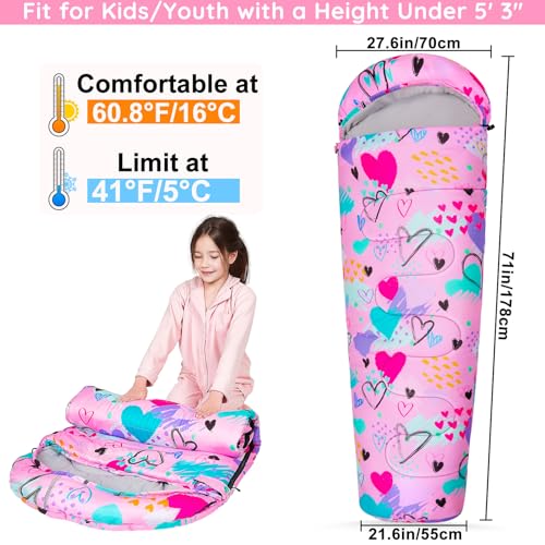 FIOBEE Kids Sleeping Bag for Girls Boys 3 Season Warm Cool Weather 41608 Camping Sleeping Bags with Backpacking Bag for Traveling Hiking Indoor Outdoor Camping Essentials Gear Pink Love - Image 3