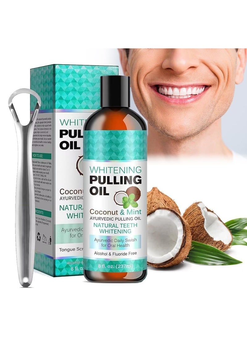 ORALHOE Coconut Pulling Oil, Pulling Oil with Coconut & Peppermint Oil, Supports Bone & Gum Health, Fresh Breath & Teeth Whitening, Organic Essential Oils Mouthwash with Tongue Scraper 8 Fl.Oz - Image 1