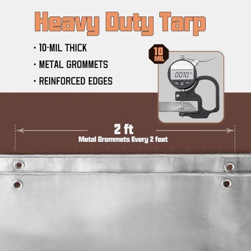 RhymBar 8 x 10 FT Waterproof Heavy Duty Tarp, 10 Mil Thick, Outdoor Furniture Covers, Plastic Insulated Tarpaulin for Camping Tent Roof Boat Patio Pool Cover, Large & Small Multi-Size Tarps, Silver/Brown - Image 5