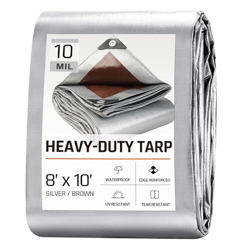 RhymBar 8 x 10 FT Waterproof Heavy Duty Tarp, 10 Mil Thick, Outdoor Furniture Covers, Plastic Insulated Tarpaulin for Camping Tent Roof Boat Patio Pool Cover, Large & Small Multi-Size Tarps, Silver/Brown - Image 1