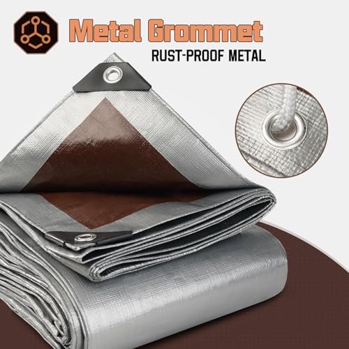 RhymBar 8 x 10 FT Waterproof Heavy Duty Tarp, 10 Mil Thick, Outdoor Furniture Covers, Plastic Insulated Tarpaulin for Camping Tent Roof Boat Patio Pool Cover, Large & Small Multi-Size Tarps, Silver/Brown - Image 2