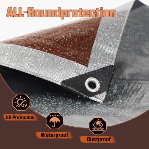 RhymBar 8 x 10 FT Waterproof Heavy Duty Tarp, 10 Mil Thick, Outdoor Furniture Covers, Plastic Insulated Tarpaulin for Camping Tent Roof Boat Patio Pool Cover, Large & Small Multi-Size Tarps, Silver/Brown - Image 4