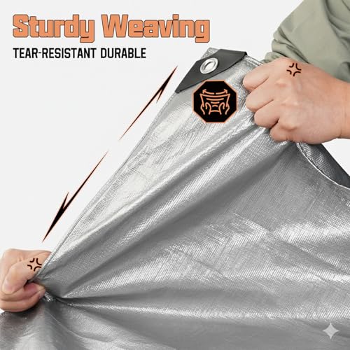 RhymBar 8 x 10 FT Waterproof Heavy Duty Tarp, 10 Mil Thick, Outdoor Furniture Covers, Plastic Insulated Tarpaulin for Camping Tent Roof Boat Patio Pool Cover, Large & Small Multi-Size Tarps, Silver/Brown - Image 3