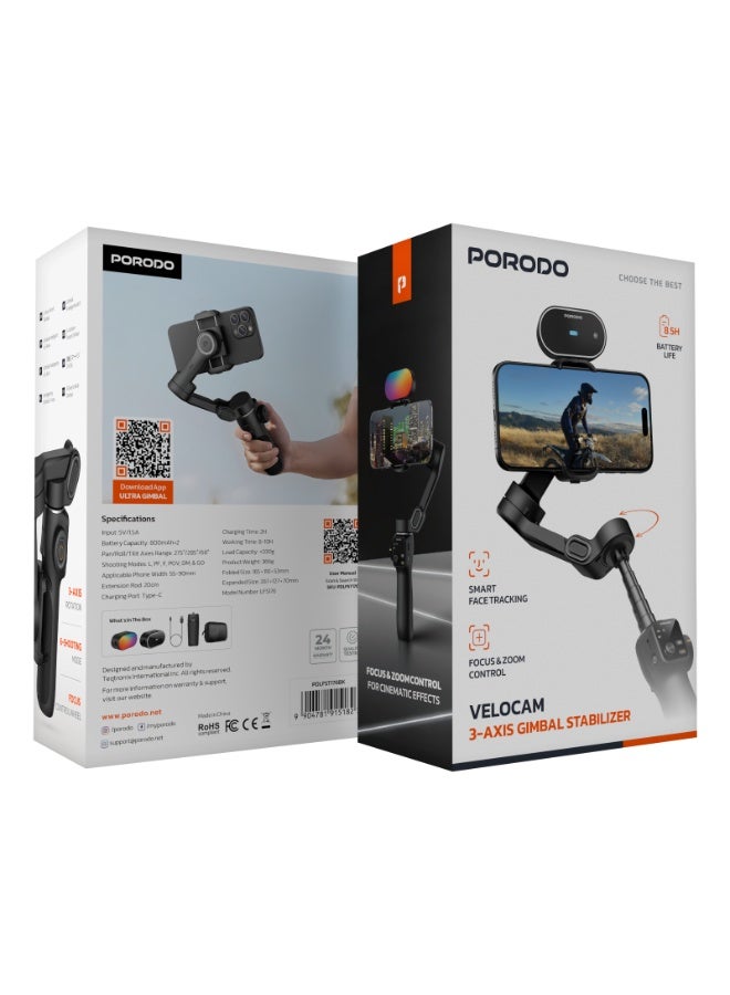 porodo Velocam 3-AXIS Gimbal Stabilizer with Smart Face Tracking & Focus Control Wheel / Cinematic Effects / Battery Life 8.5H / 6 Shooting Mode / Ai Module, Fill Light & Storage Bag Included / 20cm Extension Rod - Black  - Image 4