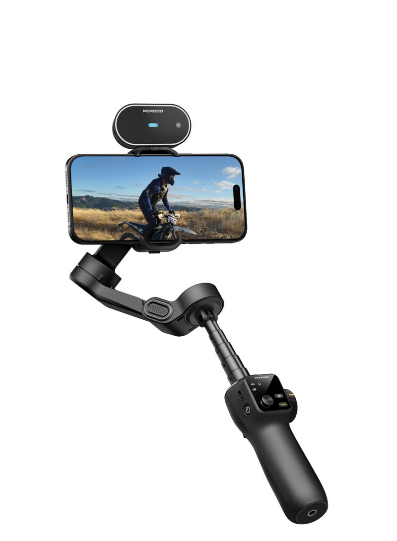 porodo Velocam 3-AXIS Gimbal Stabilizer with Smart Face Tracking & Focus Control Wheel / Cinematic Effects / Battery Life 8.5H / 6 Shooting Mode / Ai Module, Fill Light & Storage Bag Included / 20cm Extension Rod - Black  - Image 1
