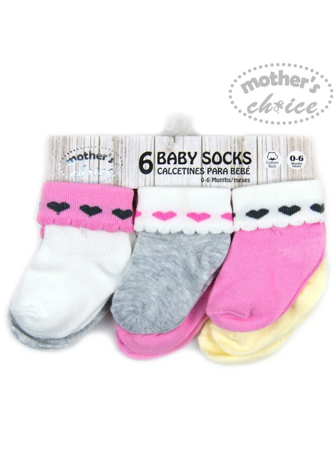 Mothers Choice Pack of 6- Baby Non Slip Grip Cotton Rich Socks, 0-6 Months