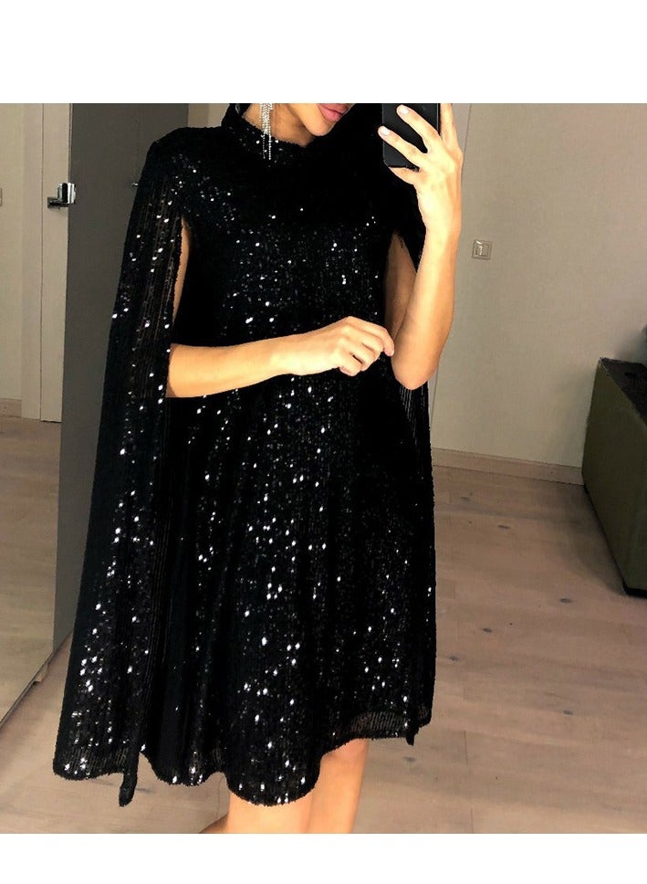 NIBEMINENT فستان فضفاض أنيق مزين بالخرز لفستان كوكتيل للحفلات مع ياقة قائمة وتصميم شق للنساء المتلألئة - Image 1