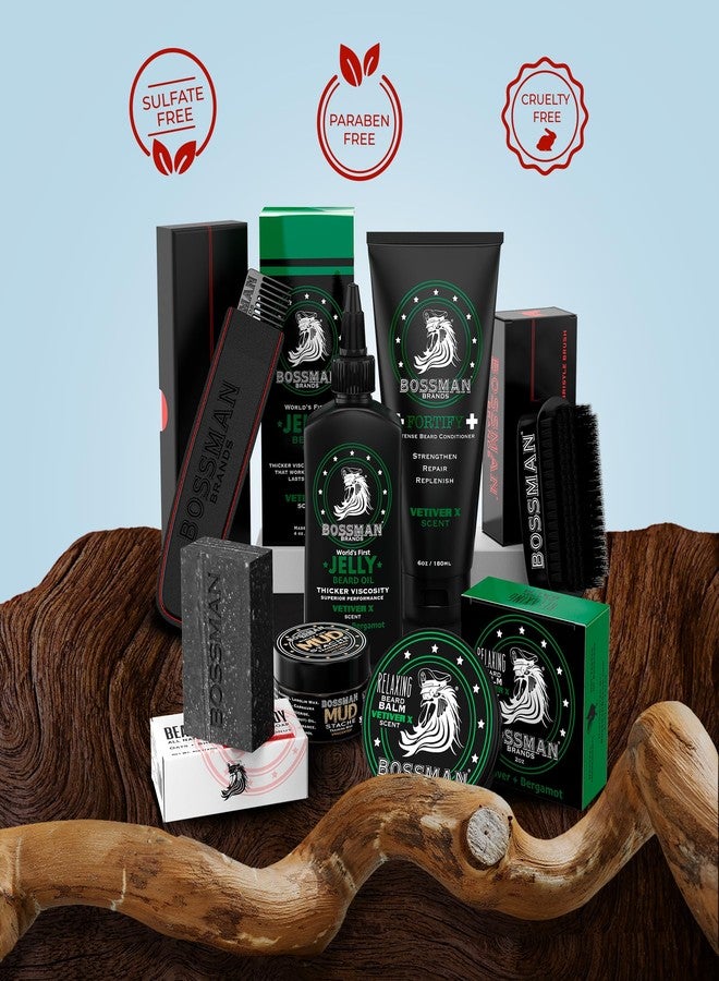 Bossman Big Boss Beard Care Kit for Men - 7 Piece Beard Grooming Kit with Jelly Beard Oil, Conditioner, Balm, Wax, Soap, Comb, Brush - Vetiver X - Image 2