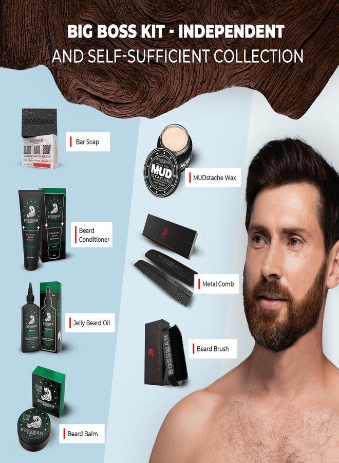 Bossman Big Boss Beard Care Kit for Men - 7 Piece Beard Grooming Kit with Jelly Beard Oil, Conditioner, Balm, Wax, Soap, Comb, Brush - Vetiver X - Image 3