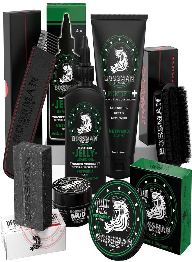 Bossman Big Boss Beard Care Kit for Men - 7 Piece Beard Grooming Kit with Jelly Beard Oil, Conditioner, Balm, Wax, Soap, Comb, Brush - Vetiver X - Image 1
