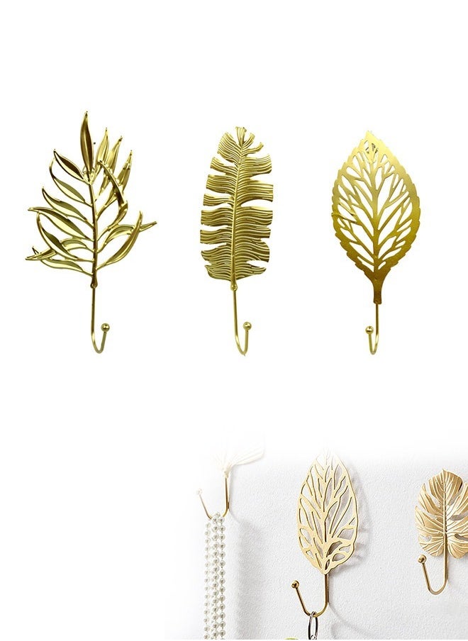 Generic 3PCS Vintage Golden Leaf Iron Art Wall Hook, Corrosion Resistant Thickened Multifunctional Storage Decorative Hooks, Hanging Key Hat Scarf Purse Towel Holder (Golden)  - Image 1