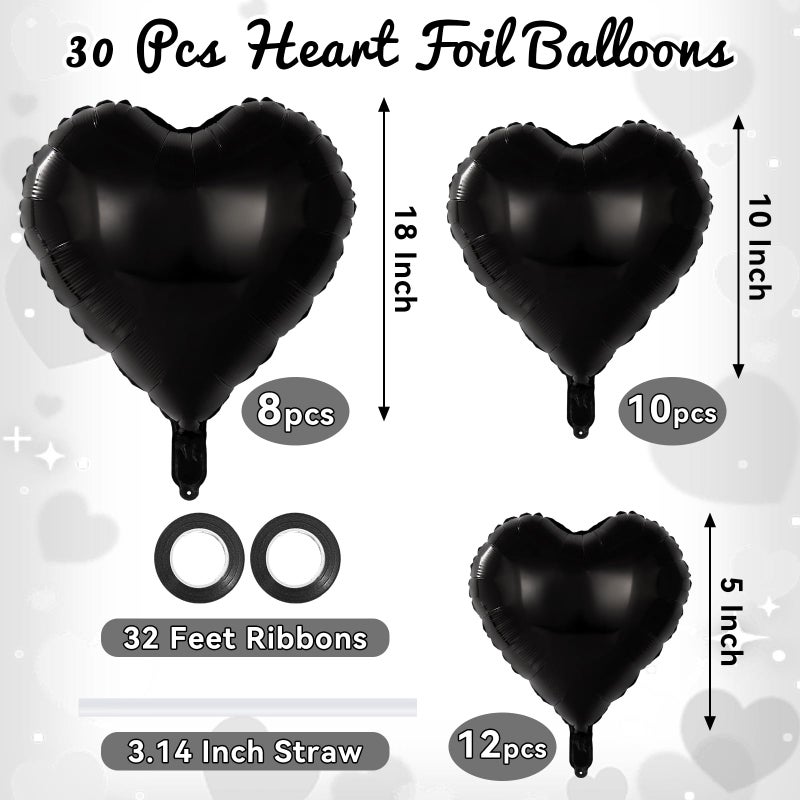 YOTHORN 30 Pcs Black Heart Balloons, Heart Foil Mylar Balloon, Valentine Day Party Decorations, Love Balloon Valentine Balloons for Birthday Party Wedding Baby Shower Valentine Day Decorations (Black) - Image 2