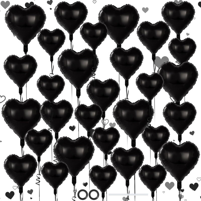 YOTHORN 30 Pcs Black Heart Balloons, Heart Foil Mylar Balloon, Valentine Day Party Decorations, Love Balloon Valentine Balloons for Birthday Party Wedding Baby Shower Valentine Day Decorations (Black) - Image 1