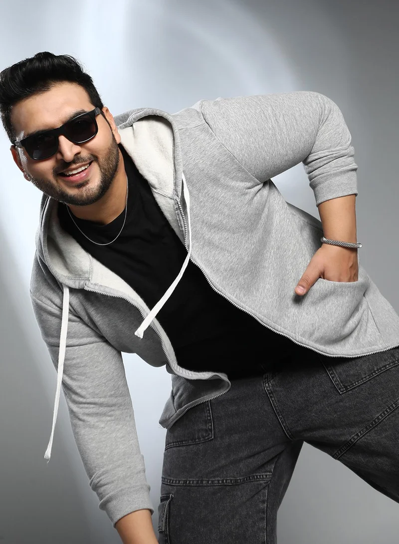 Instafab Plus Instafab Plus Men's Cloud Grey Solid Zip-Front Hoodie For Casual Wear | Hooded Neck | Long Cuffed Sleeves | Zipper Closure | Plus Size Sweatshirt Crafted With Comfort Fit For Everyday Wear