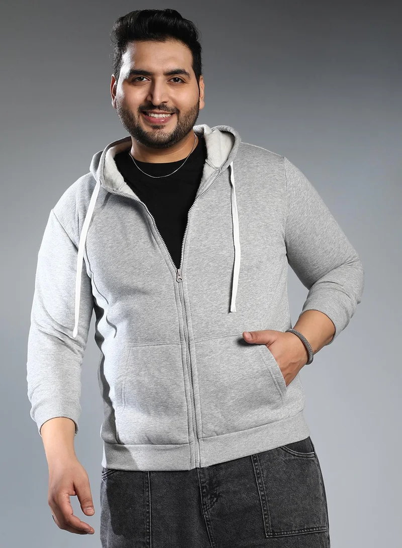 Instafab Plus Instafab Plus Men's Cloud Grey Solid Zip-Front Hoodie For Casual Wear | Hooded Neck | Long Cuffed Sleeves | Zipper Closure | Plus Size Sweatshirt Crafted With Comfort Fit For Everyday Wear