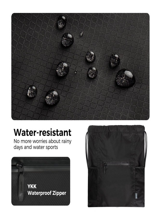 pack all Drawstring Bag Backpack, Water-Resistant Sports Gym Sack Bag, Lightweight Training String Bag with Waterproof Zipper Pocket and Water Bottle Holder(Black) - Image 4