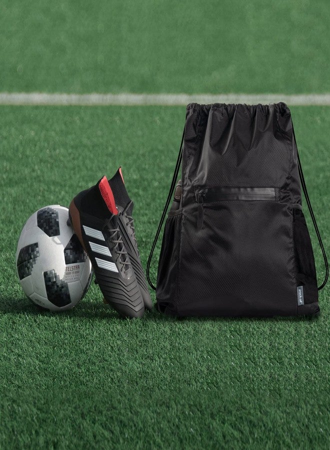 pack all Drawstring Bag Backpack, Water-Resistant Sports Gym Sack Bag, Lightweight Training String Bag with Waterproof Zipper Pocket and Water Bottle Holder(Black) - Image 2