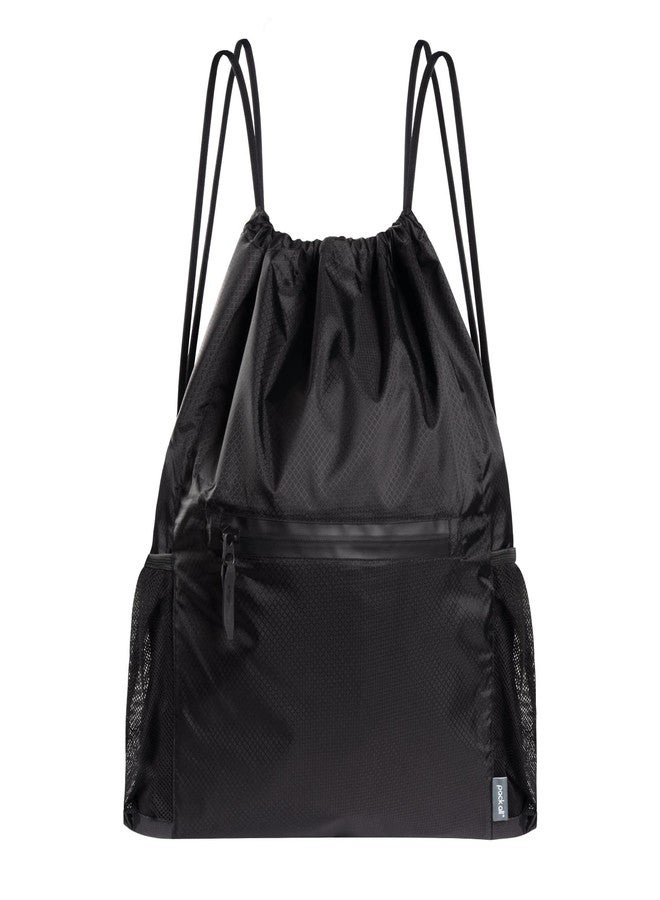pack all Drawstring Bag Backpack, Water-Resistant Sports Gym Sack Bag, Lightweight Training String Bag with Waterproof Zipper Pocket and Water Bottle Holder(Black) - Image 1