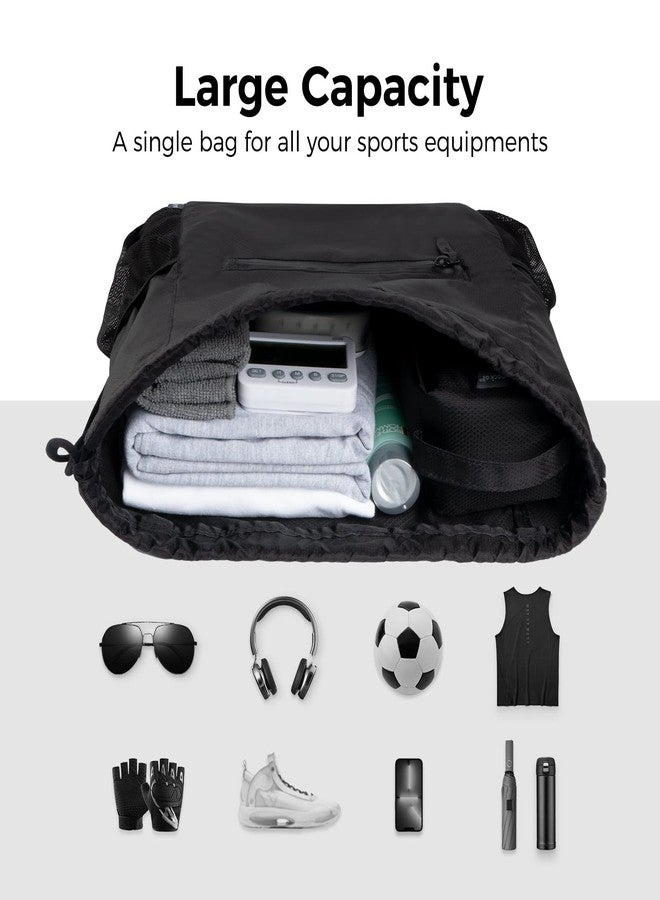 pack all Drawstring Bag Backpack, Water-Resistant Sports Gym Sack Bag, Lightweight Training String Bag with Waterproof Zipper Pocket and Water Bottle Holder(Black) - Image 3