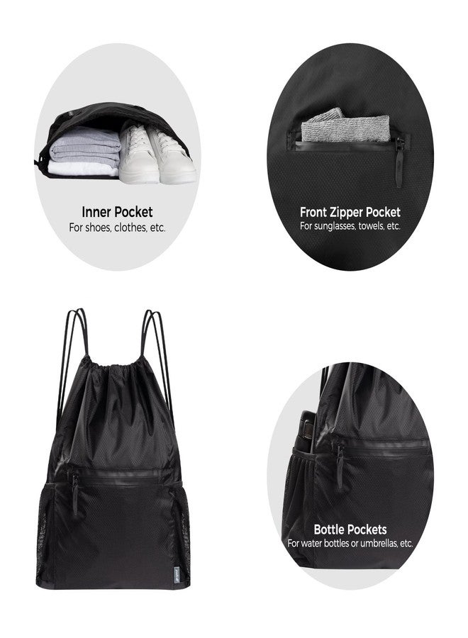 pack all Drawstring Bag Backpack, Water-Resistant Sports Gym Sack Bag, Lightweight Training String Bag with Waterproof Zipper Pocket and Water Bottle Holder(Black) - Image 5