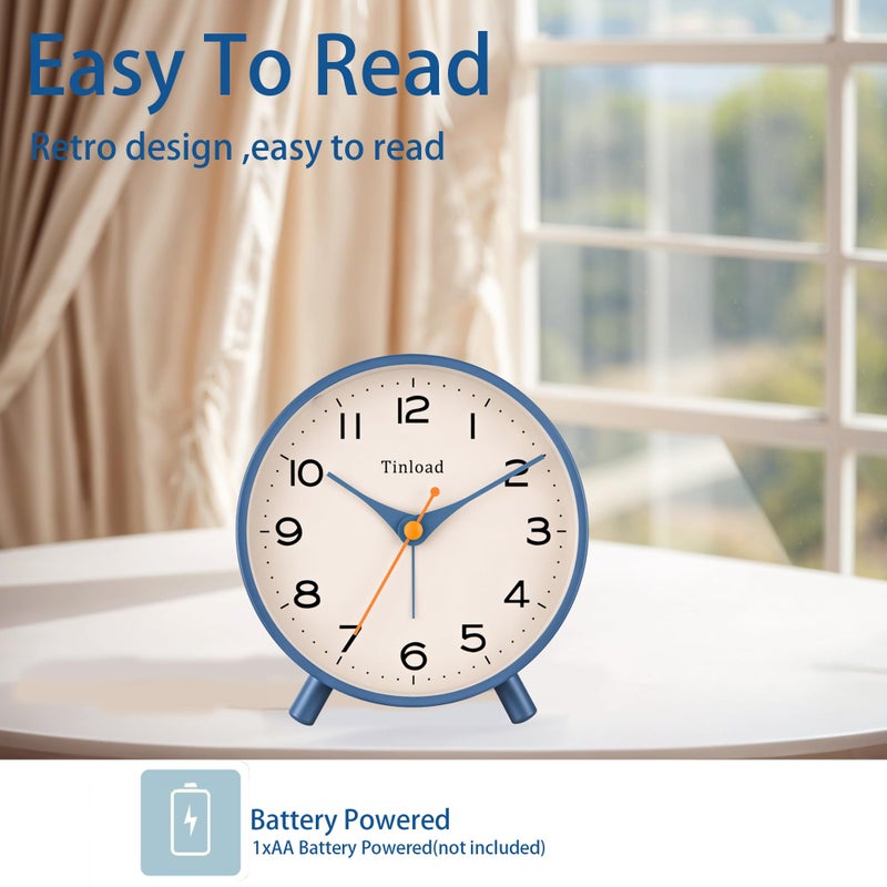 Tinload 4.5" Antique Retro Analog Alarm Clock, Small Silent Bedside Desk Clock,Lighted on Demand, Battery Operated, Snooze, for Living Room, Bedroom, Bedside(Blue) - Image 3