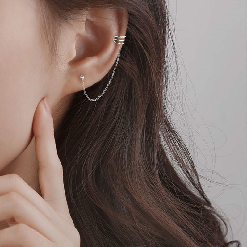 SLUYNZ 925 Sterling Silver Cuff Earrings Chain for Women Crawler Earrings Studs (A-Silver) - Image 3