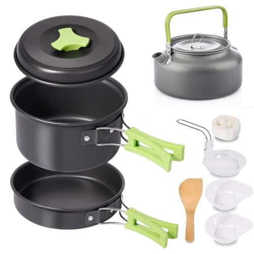 DPCR 9 Pcs Camping Cooking Set with Kettle 1.2 l, Camping Accessories for Outdoor, Camping Utensils with Carry Bag, Camping Bowl Pot Pan Set and Kettle, Portable Set (2-3 Person) - Image 1