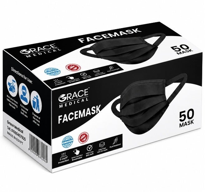 GRACE Face Mask Surgical Adult - Black 50 Piece