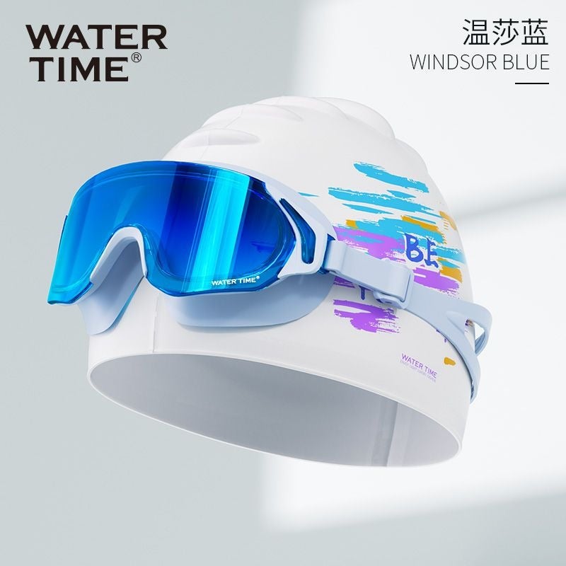WATERTIME نظارات سباحة مقاومة للضباب عالية الوضوح عازلة للماء مع عدسات طبية وقبعة سباحة من ووترتايم - إطار كبير للرجال والنساء - Image 1