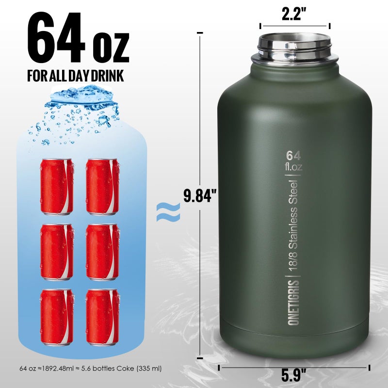 OneTigris Tactical Half Gallon Water Bottle with Straw - 64 oz Vacuum Insulated Stainless Steel Water Jug  Leakproof Sport Bottle with 3 BPA Free Lids  Paracord Handle & MOLLE Water Pouch for Outdoor - Image 2