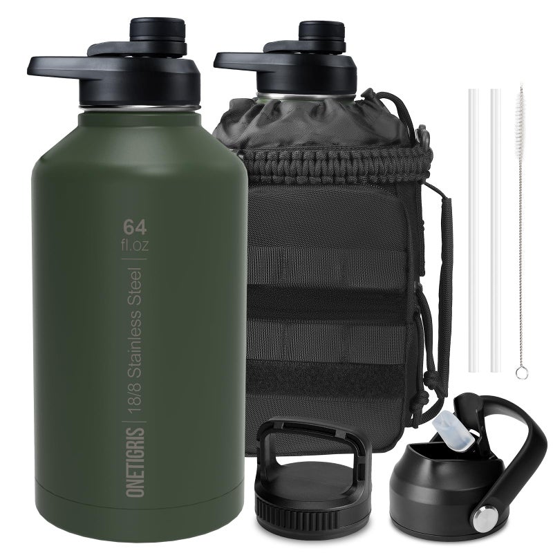 OneTigris Tactical Half Gallon Water Bottle with Straw - 64 oz Vacuum Insulated Stainless Steel Water Jug  Leakproof Sport Bottle with 3 BPA Free Lids  Paracord Handle & MOLLE Water Pouch for Outdoor - Image 1