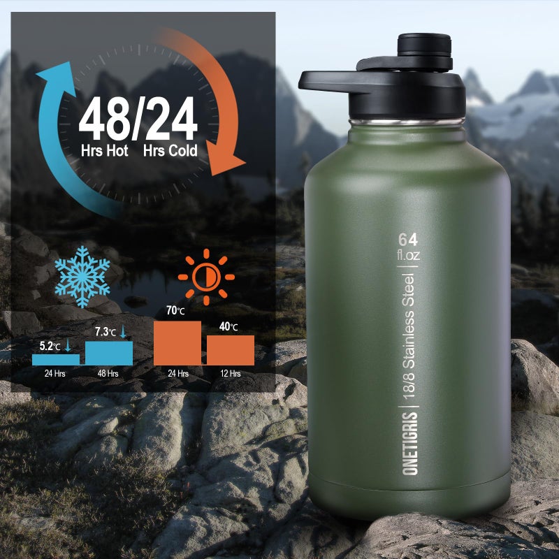 OneTigris Tactical Half Gallon Water Bottle with Straw - 64 oz Vacuum Insulated Stainless Steel Water Jug  Leakproof Sport Bottle with 3 BPA Free Lids  Paracord Handle & MOLLE Water Pouch for Outdoor - Image 3