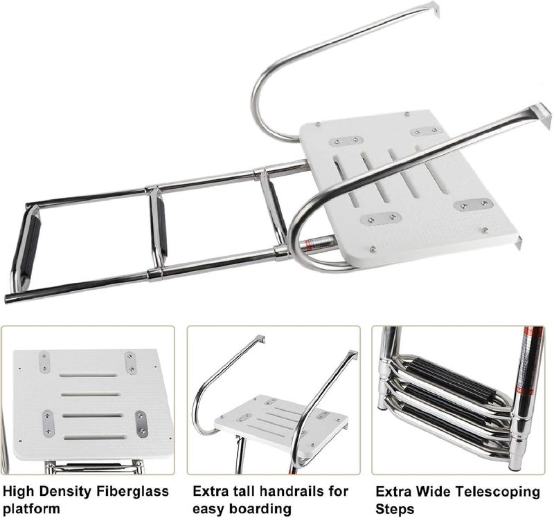 woobles 3 Step Universal Inboard Swim Fiberglass Platform Fold Down Ladder with Extra Wide Step and Two Handrails,Under Slide Mount Telescopic Boat Ladder with Mounting Hardware - Image 3